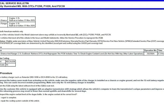 TSB 25-2206: 2024-2025 2.7L Incorrectly Illuminated MIL (Check Engine) with DTCs P1299, P1026 and P2C39