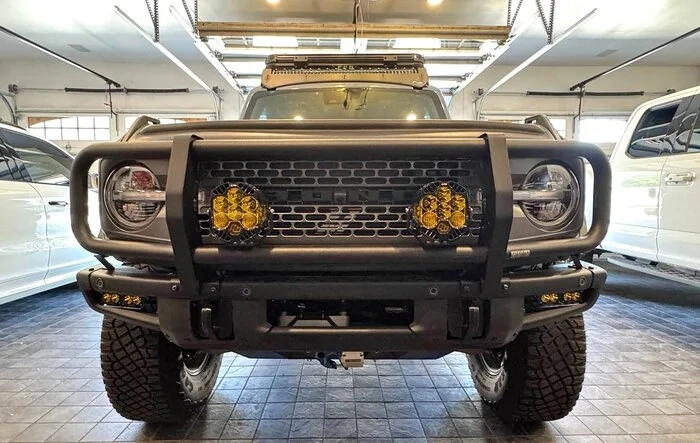 2.7 Bronco gets hidden winch, Mishimoto high mount intercooler, Baja lights