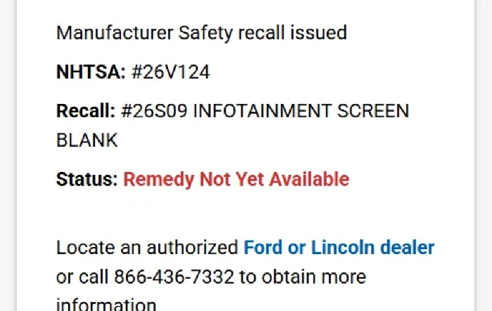 Infotainment screen recall #26S09 (Infotainment Screen Blank) - 3/5/26