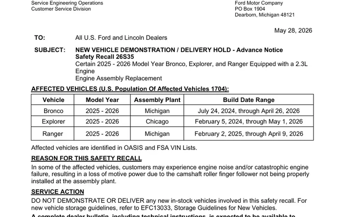 Recall 26S35: 2025-2026 Bronco 2.3L Engine Assembly Replacement [May 28, 2026]