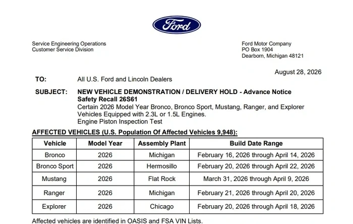 Recall 26V548000 / 26S61 - Improperly manufactured engine pistons may fail and cause engine failure (2.3L)