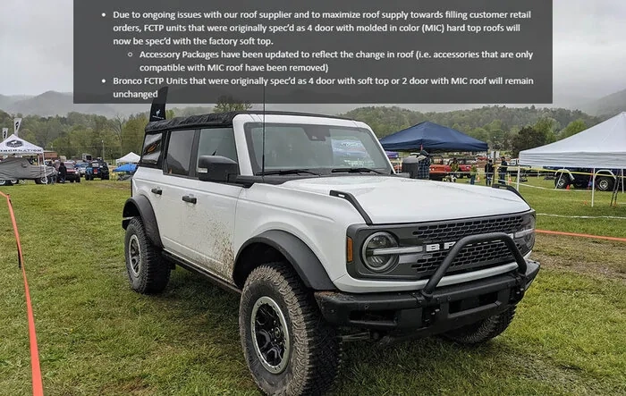 Dealers informed that 4-Door Bronco FCTP Mannequin demo units will be Soft Top only