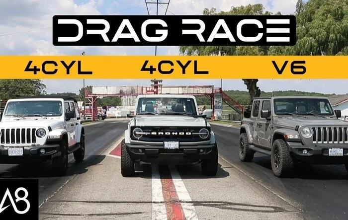 Bronco 2.3L vs. Wrangler 3.6 V6 vs. Wrangler 2.0L drag race