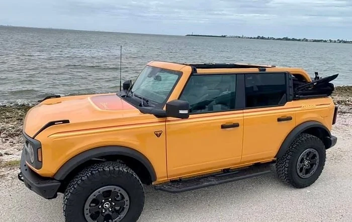 Cyber Orange 2021 Bronco with Ford Retro Hood Graphics Decal & Side Stripes