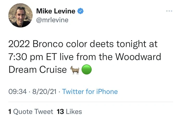 2022 Bronco Colors Details Tonight @ 7:30pm Eastern