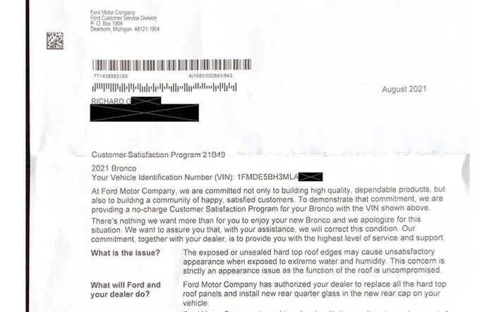 Received letter on Customer Satisfaction Program 21B49 - MIC Top Replacement