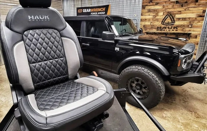 Katzkin diamond stitch leather seats in Hauk Designs Bronco