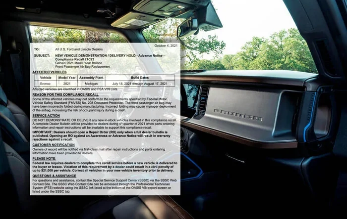 Recall Advanced Notice: 2021 Bronco Front Passenger Air Bag Replacement (Demo / Delivery Hold)
