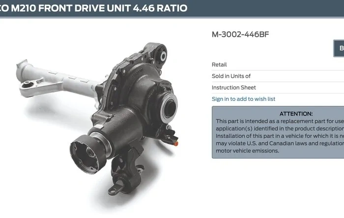 M210 front drive axle unit - Dana M210 w/ 4.70 or 4.46 gears AND locker (aka Sasquatch front diff) available as standalone upgrade
