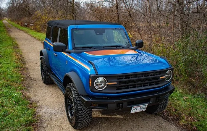 Velocity Blue Base Sasquatch Bronco with Ford Accessory Retro Graphics Decals (Hood Cowl + Stripes) by Visco
