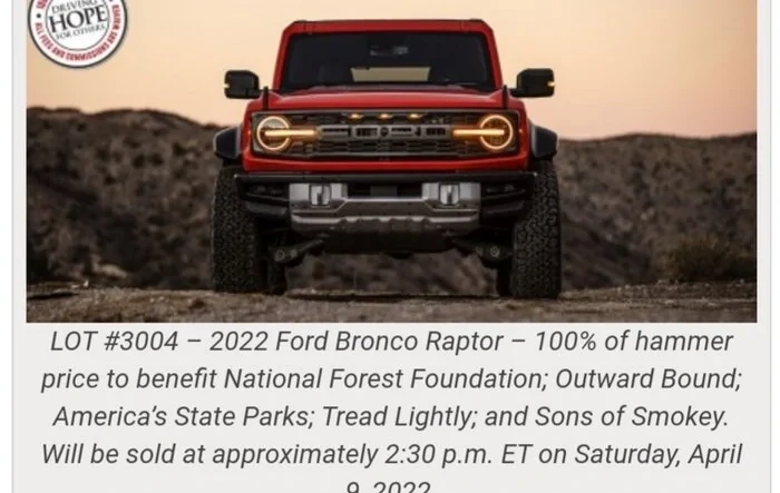 Bronco Raptor VIN 001 will be auctioned off to support outdoor conservation