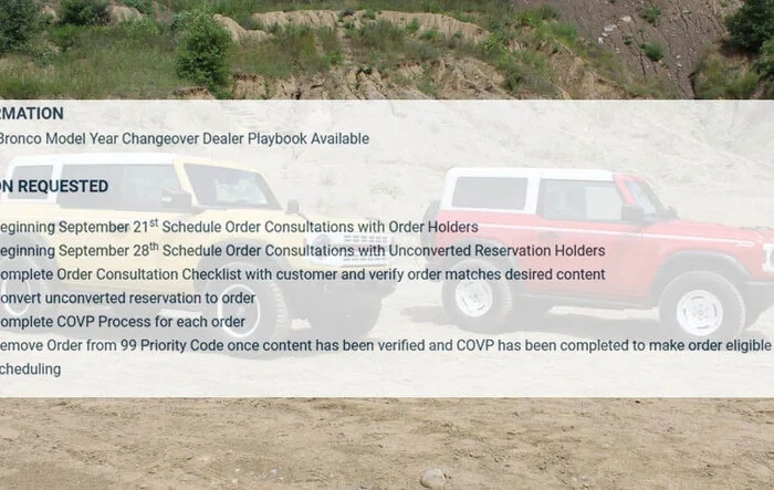 2023MY Bronco Dealer Playbook released for reservation conversion, carry-over orders, COVP, price protection, Heritage Edition, allocations, dates