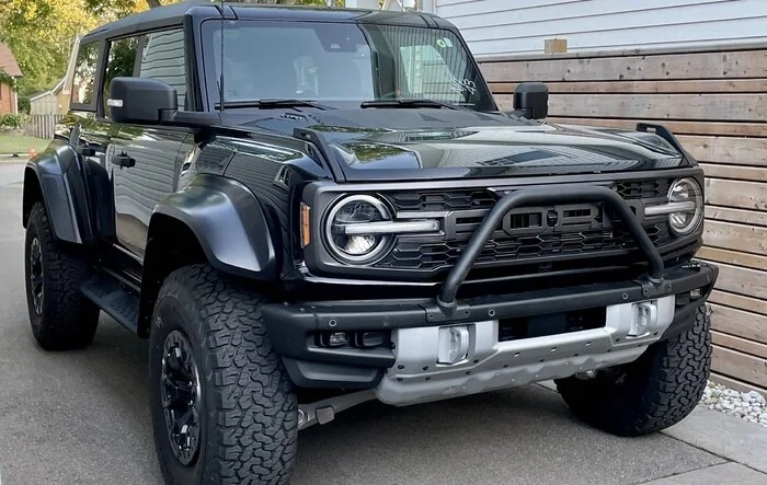 Black Bronco Raptor modified with Wildtrak Brush Bar