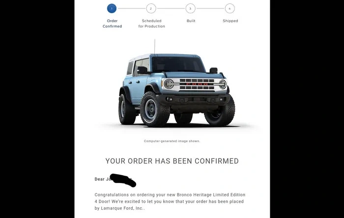 My Bronco Heritage Limited Edition order confirmed