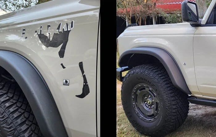 Removed decal sticker from my Desert Sand Everglades Bronco. Pictures.