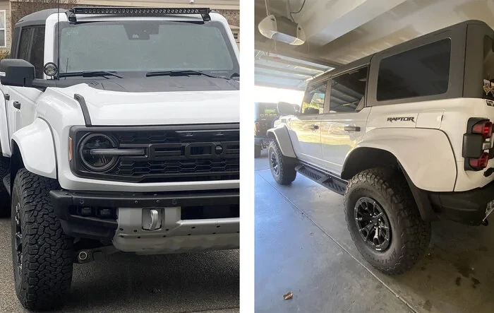 White Bronco Raptor w/ vinyl wrapped flares. Rigid 40” light bar & Rigid 4” ditch lights