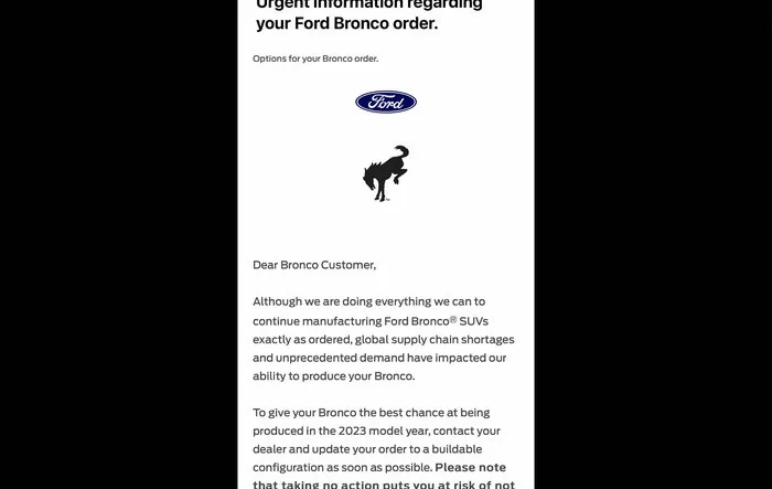 📧 Bad news Friday... official email from Ford: "Urgent information regarding your Ford Bronco order."