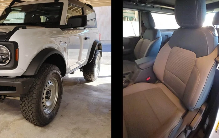 Outer Base Diamond Bronco = painted steelies + custom installed Outer Banks Navy Pier cloth seat upholstery