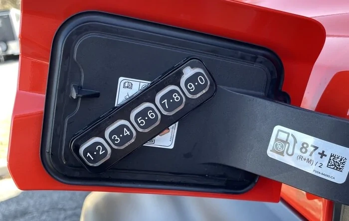 Keypad mounted inside gas door on Bronco Raptor