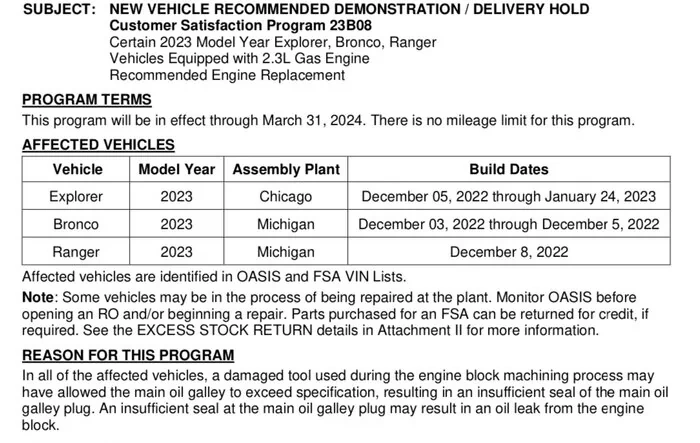Demo/Delivery Hold - Certain 2023 2.3L Broncos Recommended Engine Replacement (Build Dates Dec 3-5, 2022)