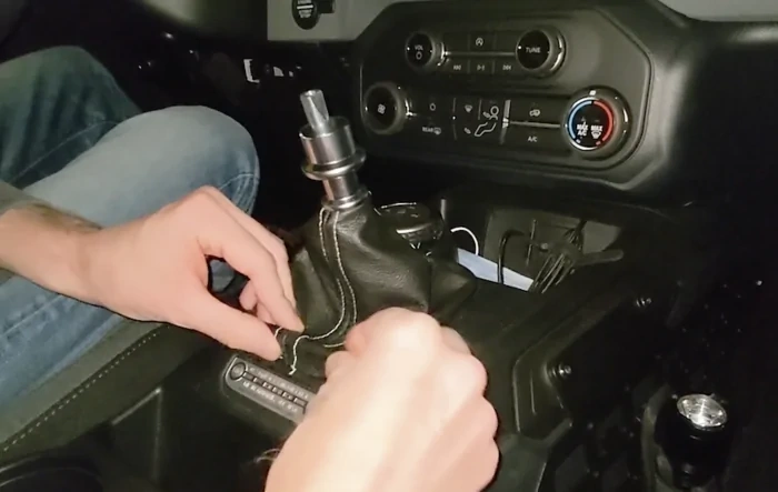 DIY custom stitched leather manual shift boot!
