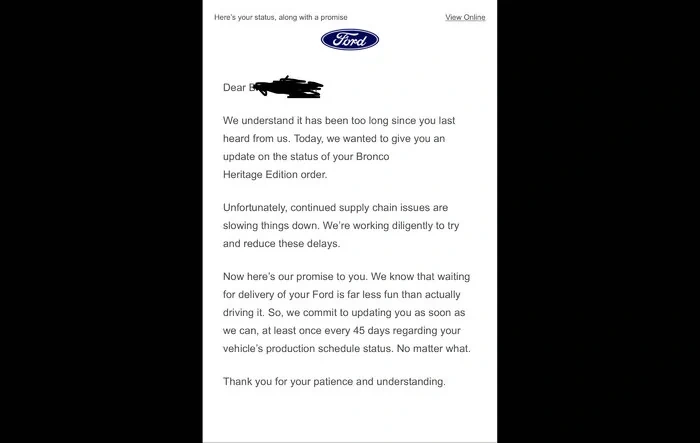 Ford: Supply chain issues and we promise you in 45 days... email
