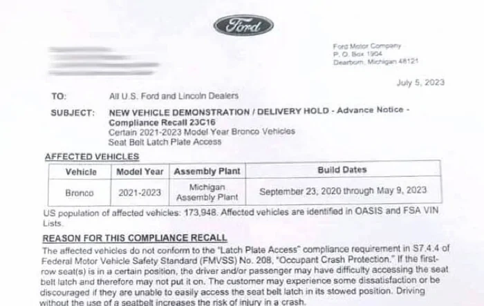 Recall 23C16 & Delivery Hold : Seat Belt Latch Plate Access For 2021-2023 Bronco w/ Production Build Dates 9/23/20 - 5/9/23