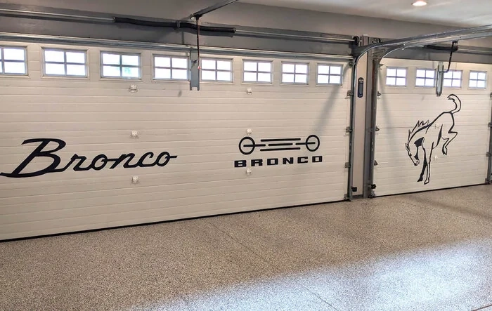 My custom garage door Bronco logos